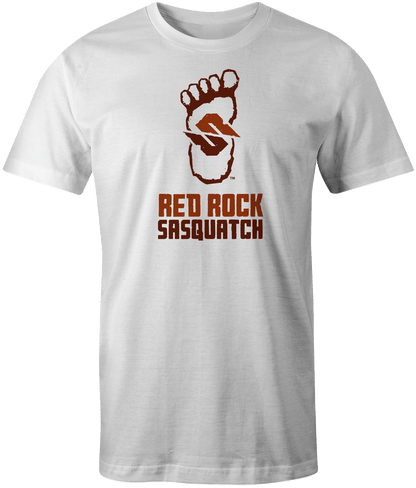 White short-sleeve t-shirt with the Red Rock Sasquatch logo stacked. A clean and simple style.