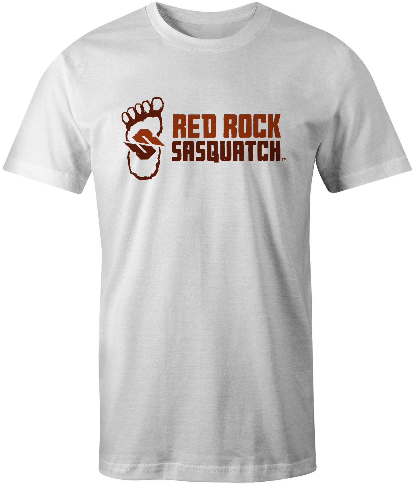 White Standard Logo Tee. Displays the Red Rock Sasquatch logo with the footprint and text side-by-side.