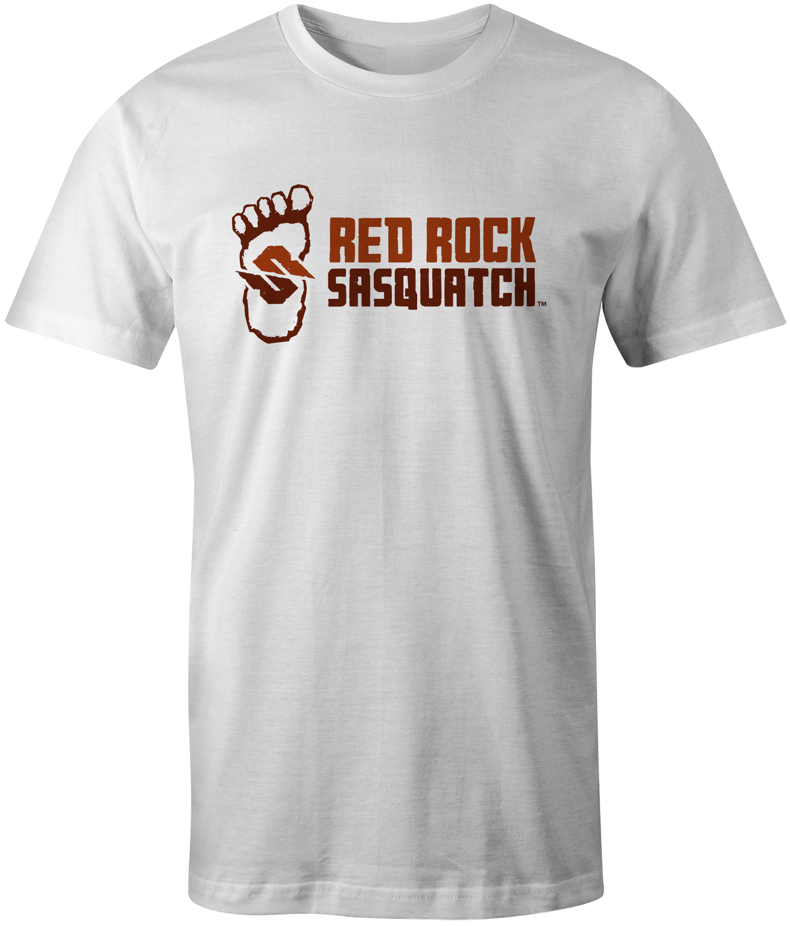 White Standard Logo Tee. Displays the Red Rock Sasquatch logo with the footprint and text side-by-side.