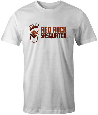 White Standard Logo Tee. Displays the Red Rock Sasquatch logo with the footprint and text side-by-side.
