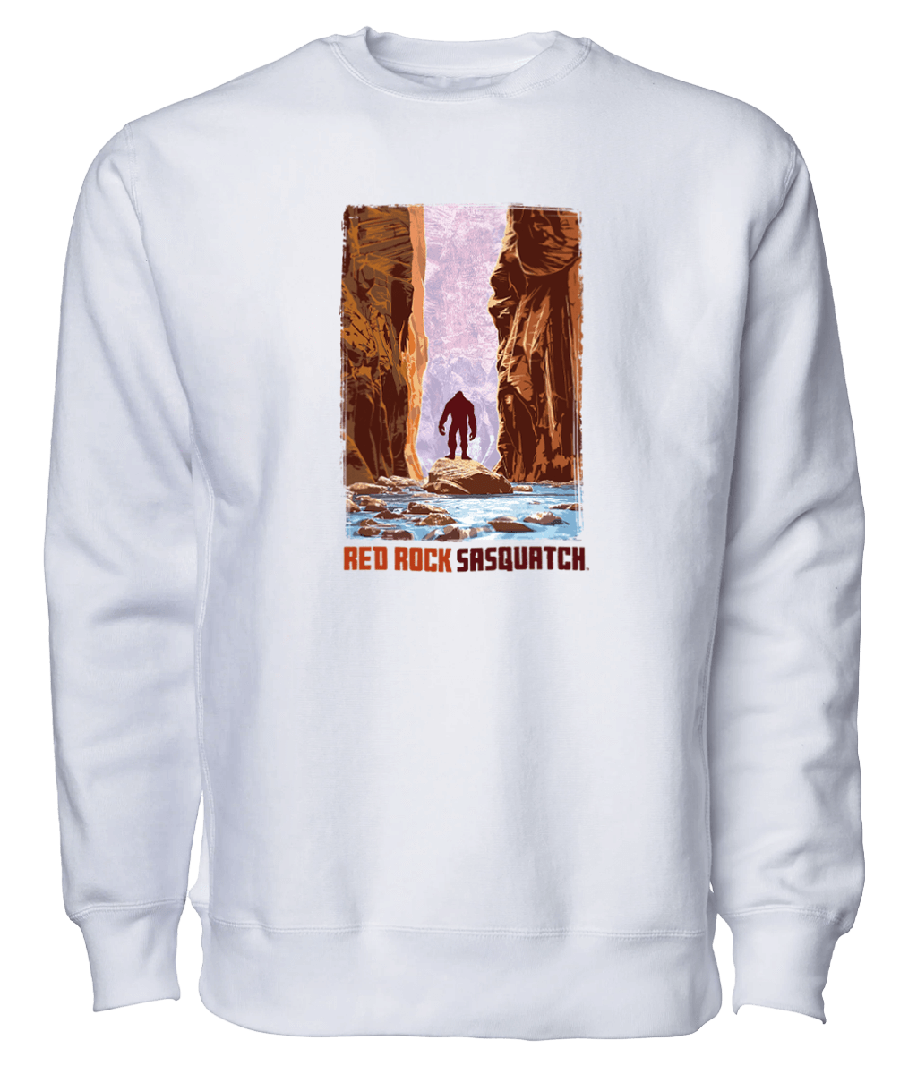 White crewneck sweatshirt featuring a Sasquatch exploring The Narrows in Zion National Park. Perfect for hikers and nature enthusiasts.