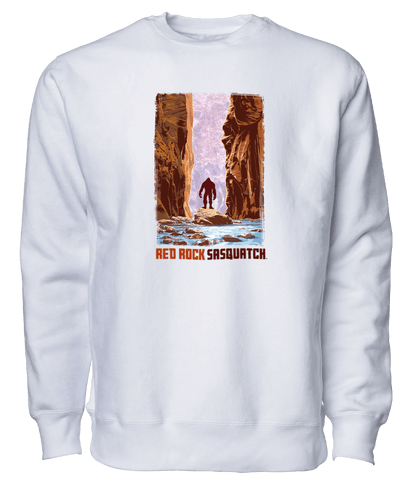 White crewneck sweatshirt featuring a Sasquatch exploring The Narrows in Zion National Park. Perfect for hikers and nature enthusiasts.