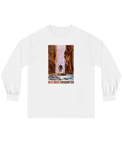 White Zion Narrows Long-Sleeve Tee. Displays a Sasquatch design in the iconic and watery scenery of The Narrows.