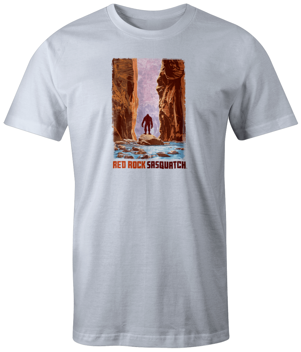 White short-sleeve t-shirt featuring a graphic of a Sasquatch exploring The Narrows in Zion National Park.