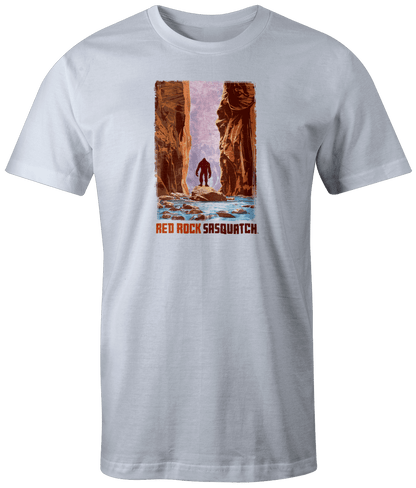 White short-sleeve t-shirt featuring a graphic of a Sasquatch exploring The Narrows in Zion National Park.