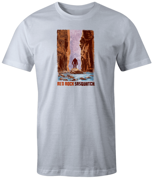 White short-sleeve t-shirt featuring a graphic of a Sasquatch exploring The Narrows in Zion National Park.