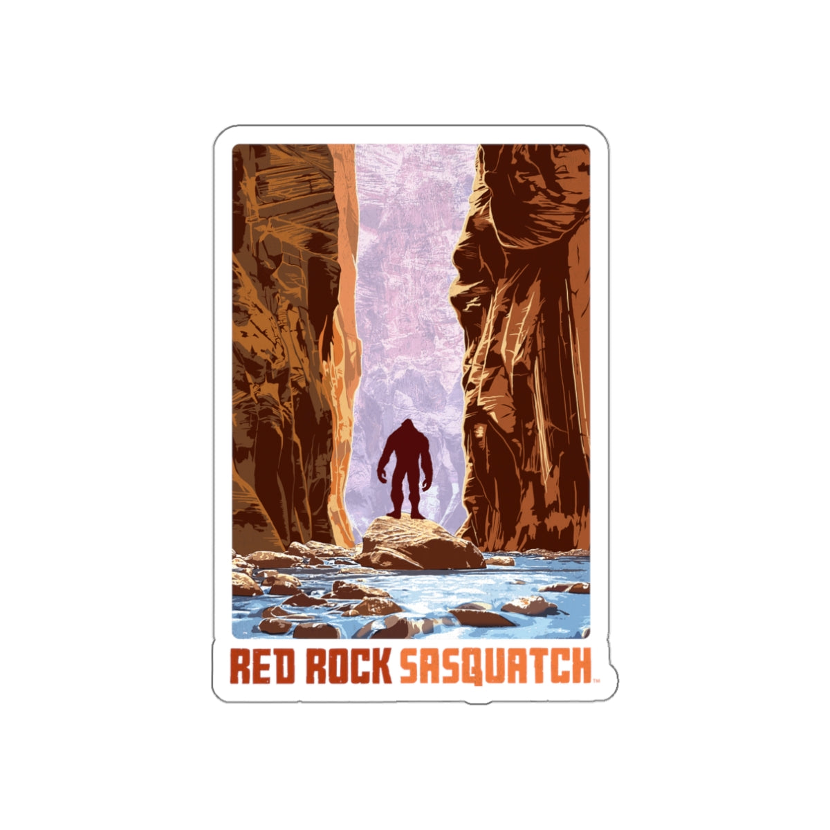 Zion die-cut sticker. Features a Sasquatch figure standing in The Narrows, a scenic canyon in Zion National Park. A unique sticker for fans of Utah's natural wonders and the elusive Sasquatch.